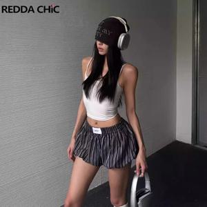 REDDAChiC Y2k 레트로 블랙 스트라이프 버블 반바지 스티치 라벨 넓은 다리 탄성 허리 블루머 부티 바지 여름 여성 streetwear