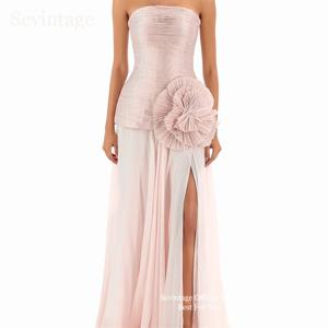 Sevintage 핑크 쉬폰 럭셔리 이브닝 드레스 민소매 3D 꽃 공식 댄스 파티 드레스 Pleats 사우디 아라비아 사이드 슬릿 댄스 파티
