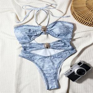 섹시 할로우 아웃 트위스트 비키니 데님 프린트 홀터 스트링 반두 수영복 하이 컷 수영복 여성 트렌드 수영복 비치 Biquini