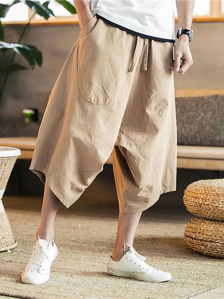 여름 얇은 해변 코튼 린넨 캐주얼 반바지 남성 Japenese 넓은 다리 헐렁한 카프리 바지 남성 스포츠 러닝 반바지 2025 신규