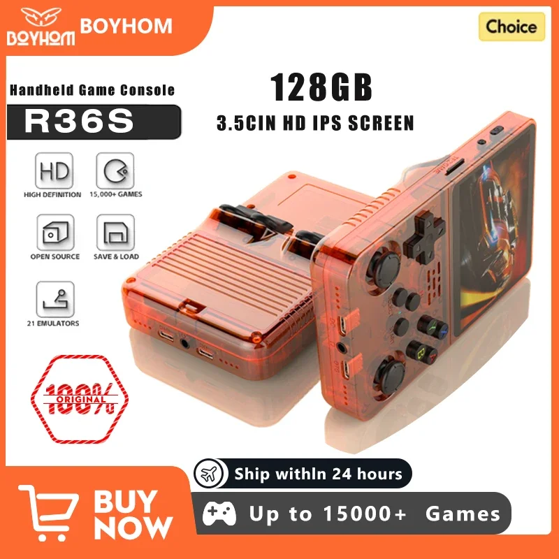 128G 오픈 소스 R36S 비디오 게임 콘솔 Linux 시스템 3.5 인치 IPS 스크린 오렌지 휴대용 포켓 비디오 플레이어 64GG 최고의 게임