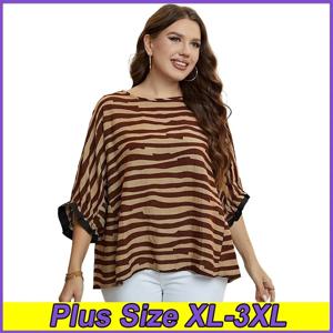 여성 여름 스트라이프 플러스 사이즈 티셔츠 루즈 캐주얼 탑 XL-3XL 라운드 넥 통근 의류 야외 러닝 통기성 티셔츠