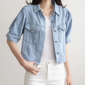 [브리치] 룰루제이 / 퍼프 소매 크롭 데님 반팔 청 자켓