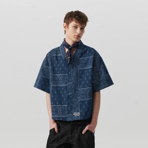 [최초가 138,000원] [COLLECTION LINE] 빈티지 반다나 데님 반팔 셔츠 인디고 블루