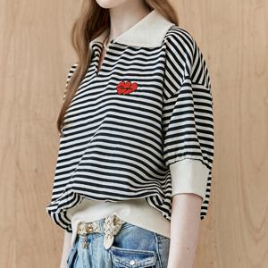 하트 와펜 카라넥 스트라이프 5부 티셔츠