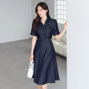에펜터 데님 오픈 카라 스티치 벨티드 원피스 빅사이즈/오피스룩/하객룩
