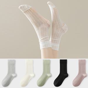 핀프리 자수 펀칭 시스루 여성 중목 양말 5color
