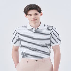 [헤지스 남성] [[24SS]] HZTS4B435WT [SOFT COTTON] 화이트 스트라이프 인터록 반팔 카라 티셔츠