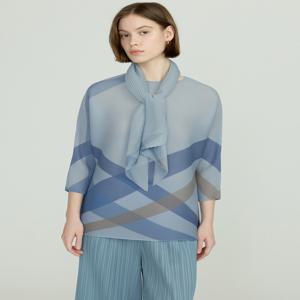 [닥스 여성] [[25SS]] DLTS5BP23B1 [D-PLEATS][스카프 세트] 블루 사선 체크 7부 소매 플리츠 티셔츠
