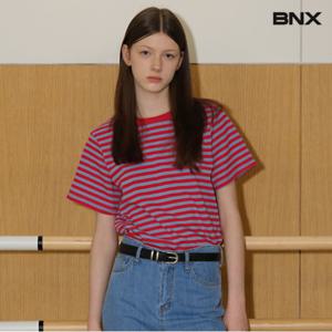 심플 라운드넥 스트라이프 배색 반팔 티셔츠 (BX1TS024L0)
