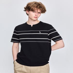 [헤지스 남성] [[25SS]] HZTS5B547BK [AIRY TWILL] 블랙 슬릿넥 컬러블럭 반팔 티셔츠