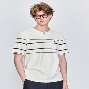 [헤지스 남성] [[25SS]] HZTS5B547CR [AIRY TWILL] 크림 슬릿넥 컬러블럭 반팔 티셔츠