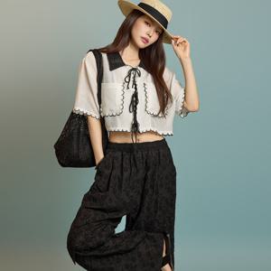 B3080 배색 리본 블라우스