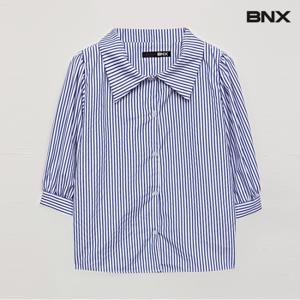 정상가:59,000원 | 스트라이프 퍼프 소매 카라 반팔 셔츠 (BU1BL024L0)