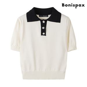 정상가:59,000원 | 배색 카라 비스코스 진주 버튼 반팔 니트 (XO1KT026L0)