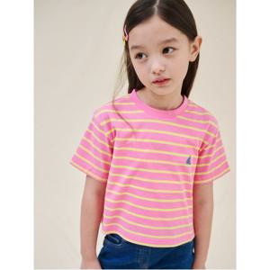 [5%OFF][Essential] 여아 스트라이프 반팔 티셔츠 - 라이트 핑크