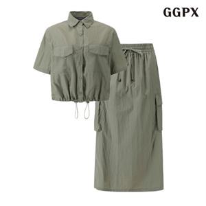 정상가:119,000원 | 카라넥 스트링 블라우스 밴딩 포켓 롱 스커트 셋업 (GOBOW075D)