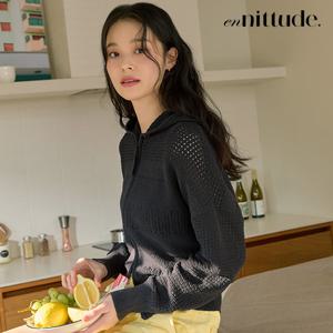 (최초가69,000원)엔니튜드 크로셰 후드 니트 집업 카디건_차콜