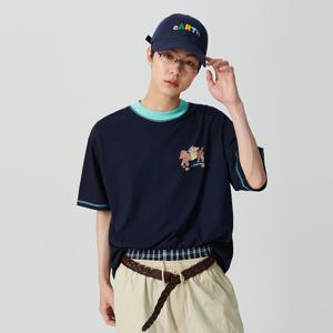 [최초가 63,000원] [COLLECTION LINE] 핸드 프린트 디테일 코튼 반팔 티셔츠 네이비