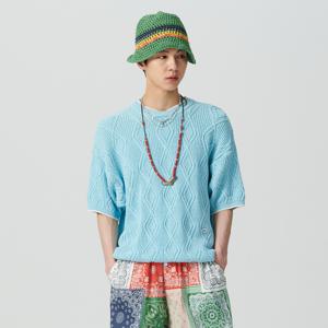 [최초가 108,000원] [COLLECTION LINE] 파인 코튼 얀 케이블 디테일 반팔 니트 스카이 블루