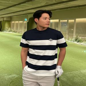 [헤지스 골프] [[24SS]] HUTS4B922N3 와이드 스트라이프 라운드 티셔츠 (NAVY)