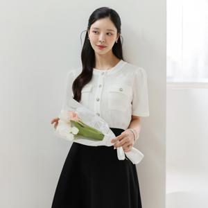 (~XXL까지) 샤텔 라운드넥 진주 퍼프 슬리브 니트 블라우스 여름 데일리 일상 캐쥬얼 출근룩 빅사이즈