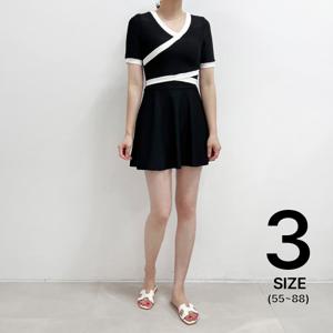 [브리치] 미즈큐즈 /  55 88까지  사선 배색 브이넥 플레어 반팔 원피스 수영복/ 3사이즈