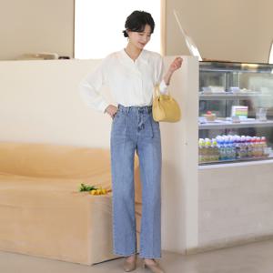 [빼빼] (FREE/L)뒷밴딩 핀턱 레직기 롱 와이드 데님팬츠