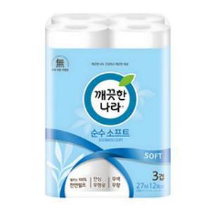 깨끗한나라 순수 소프트 천연펄프 3겹 고급롤화장지, 27m, 12개입, 1개