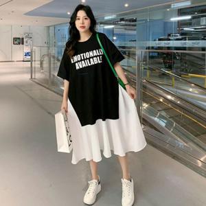 통통 mm 특대 사이즈 2-150kg 여름 루즈핏 반팔 티셔츠 접합 프린트 무릎 넘어 날씬해 보이는 감령 원피스
