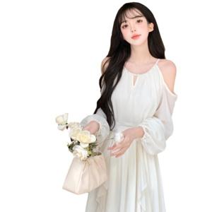 프랑스식 부드러운 바람 화이트 원피스 선녀 초선 고급감 분위기 해변 휴가 프릴 긴팔 긴치마