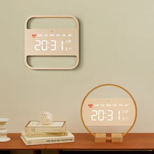 우드 LED 벽시계 R 디지털 탁상 벽걸이 무소음 인테리어 전자 거실 온습도 시계 라운드