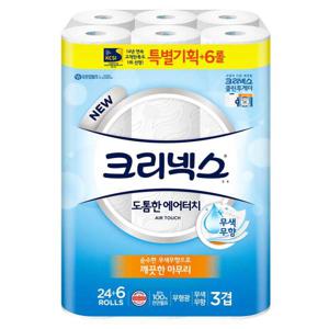 크리넥스 3겹 도톰한 에어터치 27M 24+6롤 화장지/롤화장지
