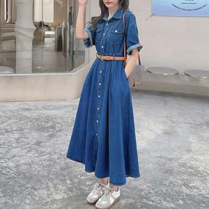 여성 여름 라이트 블루 벨트 포인트 캐주얼 스타일 셔츠 데님 롱 원피스