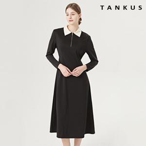 [탱커스]카라 배색 핀턱 백 리본 슬림 롱 원피스 (TW1OP008L0)