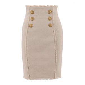 [BALMAIN] 여성 니 Length 미디 린넨 앤 헴프 스커트 위드 아이코닉 버튼 AF0LB845HB120AS 베이지 /8