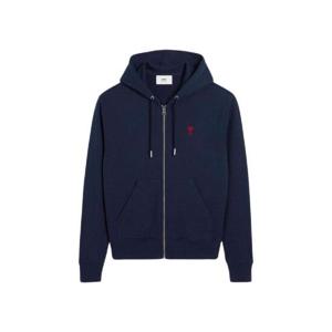 아미 스몰 하트 로고 루프백 오가닉 코튼 플리스 후드 집업 나이트 블루 BFUSW435-730-430