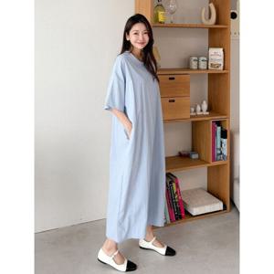 [샵앤]빅사이즈 국산 여성 라운드 드롭숄더 데일리 반팔 롱원피스 AMI-WDR-3337-소라