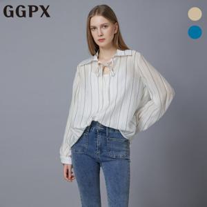 [지지피엑스]리본 오픈카라 스트라이프 시스루 셔츠 (GP2SH027F