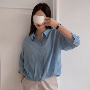 샵앤) 여성 카라넥 밑단스트링 시원한 7부소매 루즈핏 블라우스 셔츠 CAT-WBL-4353-소라