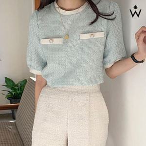 [위시드]러블리 라인 배색 트위드 반팔 블라우스 (WIAABL059)