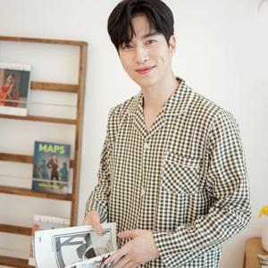 메리핀 심플 체크 남성 카키 긴팔 잠옷세트