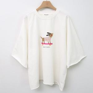 샵앤) 국산 여성 라운드넥 나그랑 돌돌이 도그 면 100 티셔츠 FJ-WSH-4291-아이보리