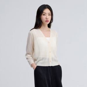[플리츠미(여성)]시스루 V넥 꽈배기 니트 가디건_EKCDM225008