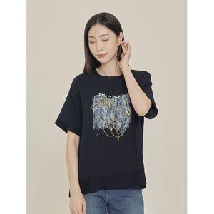 [올리비아하슬러]네이비 쉬폰 배색밑단 포인트 프린트 티셔츠 OHCMTS306