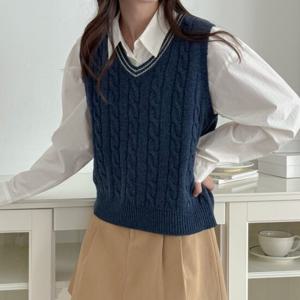 샵앤) FW 국산 여성 V넥 꽈배기 니트 조끼 21DS-WVS-3972-네이비