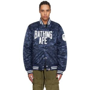 25 SS BAPE 남성 네이비 솔리드 카모 NYC 로고 바시티 보머 재킷 242546M175006
