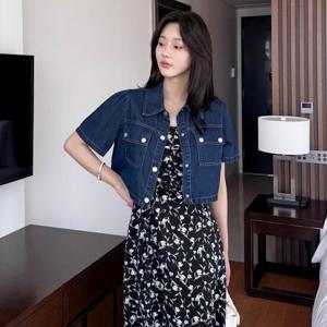 [모리스커밍홈] 퍼프 크롭 데님 반팔 자켓_M2505JK022B