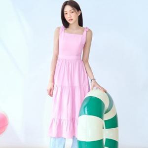 플라스틱아일랜드  (PR2WO562) 어깨 리본끈 티어드 원피스