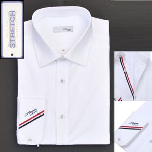 듀퐁 셔츠 SE4SM12LS908SWH 일반핏 노포켓 화이트 솔리드 스트레치 삼선 포인트 소매 로고 긴팔 스판 셔츠